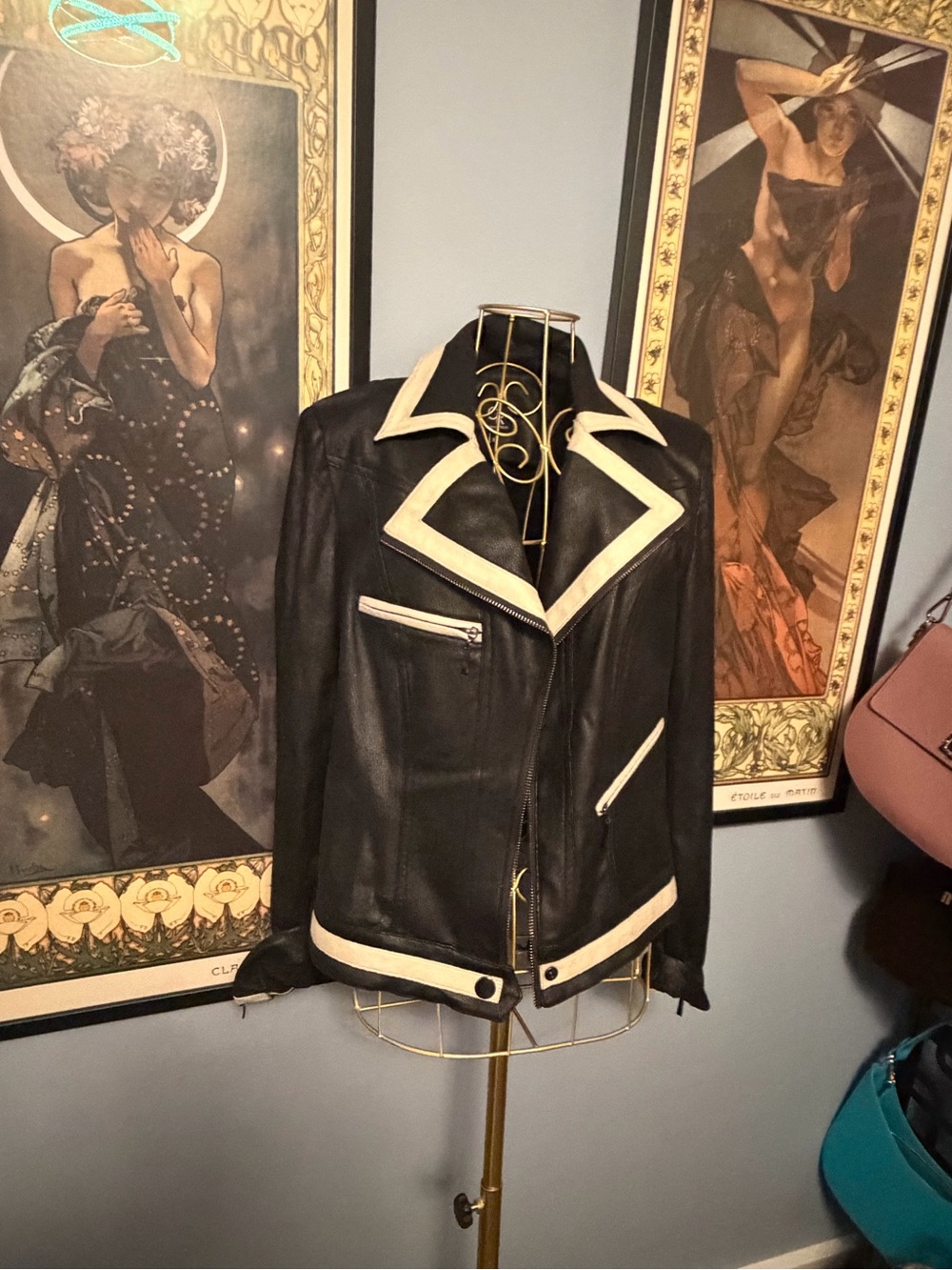 Women’s Black Leather Moto Jacket with Cream Trim